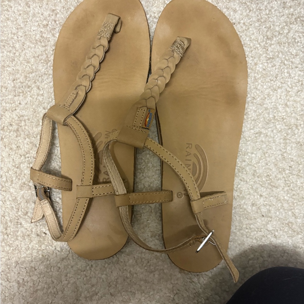 Rainbow Tan Braided Leather T-Strap Sandals